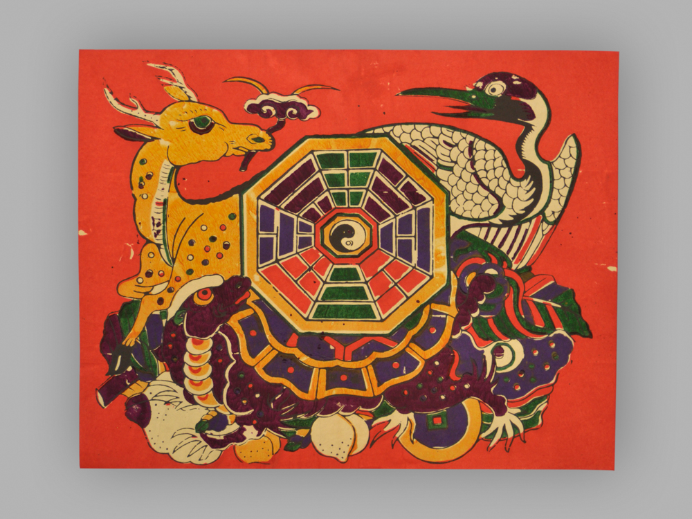 福建泉州木版年画_鹿鹤同春