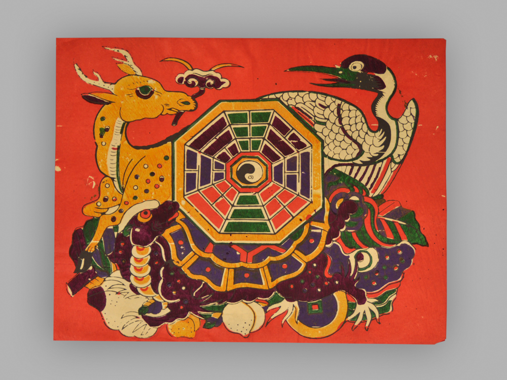福建泉州木版年画_鹿鹤同春