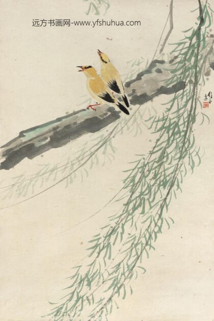 211 陈树人两个黄鹂鸣翠椰轴.jpg