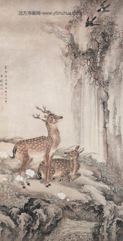 252 清沈铨双鹿图轴.jpg