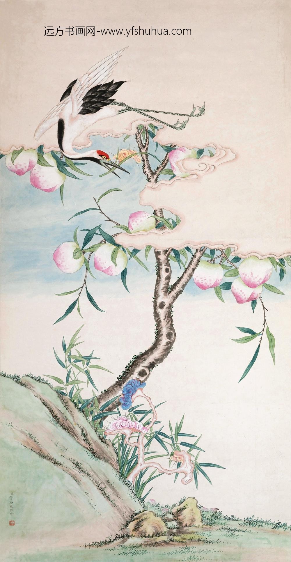 _清管念慈云鹤寿桃图轴