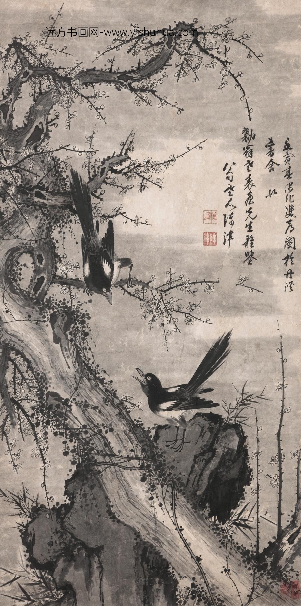 _清陈津喜鹊梅花图轴