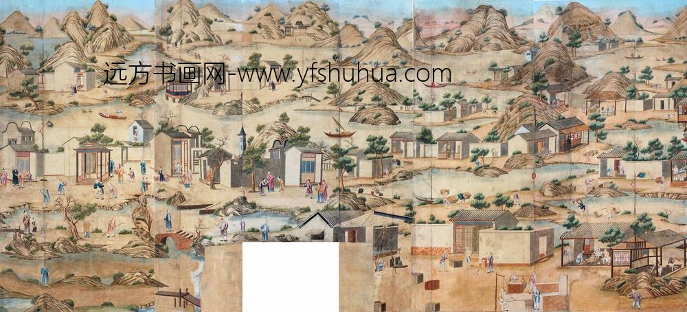 _清乾隆广州手绘农耕商贸图外销墙纸