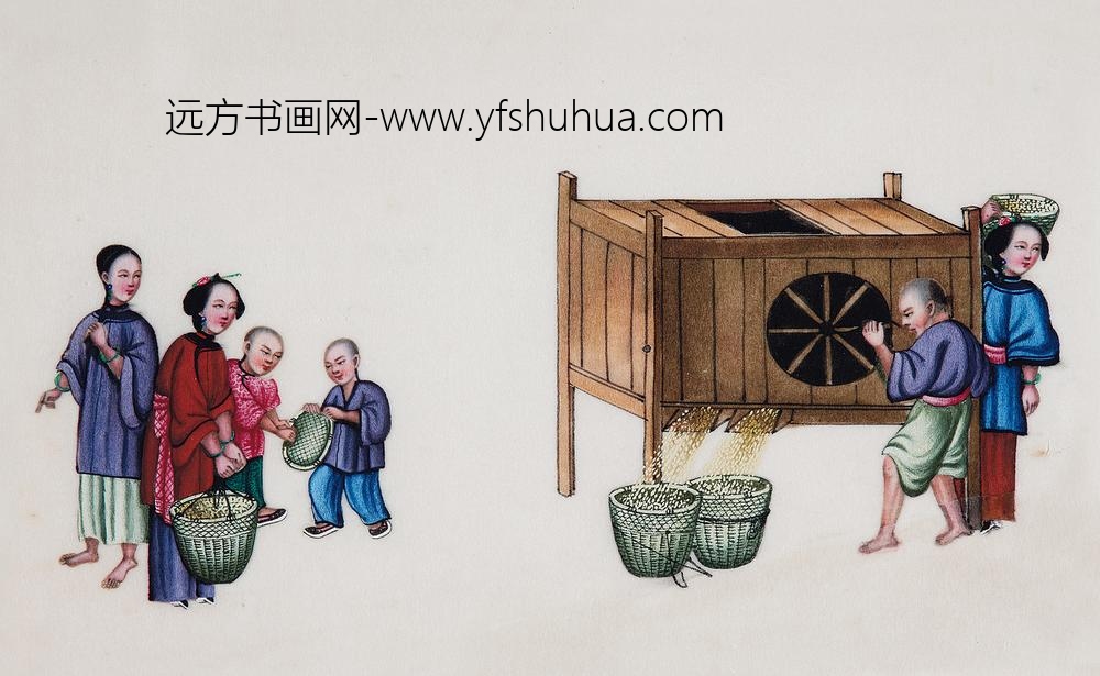 _稻谷耕作全景图通草纸外销画