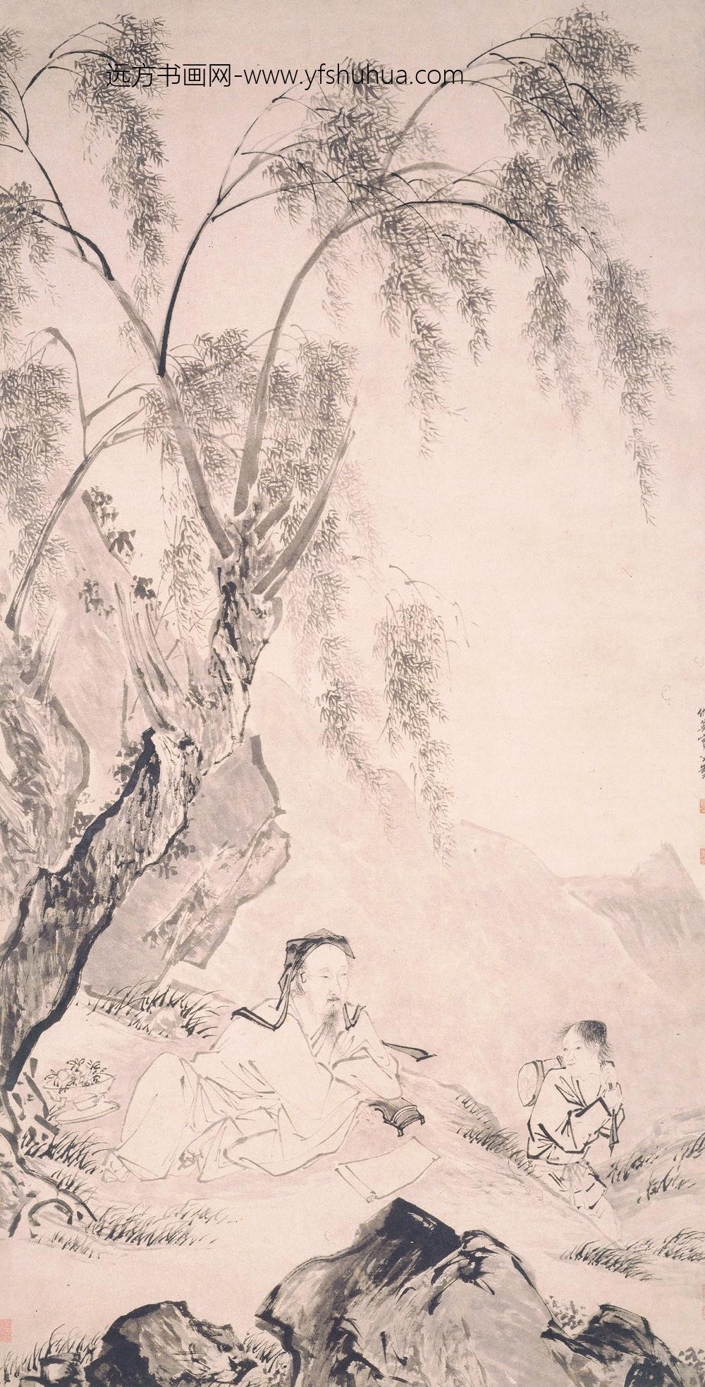 仇英_柳下眠琴图轴