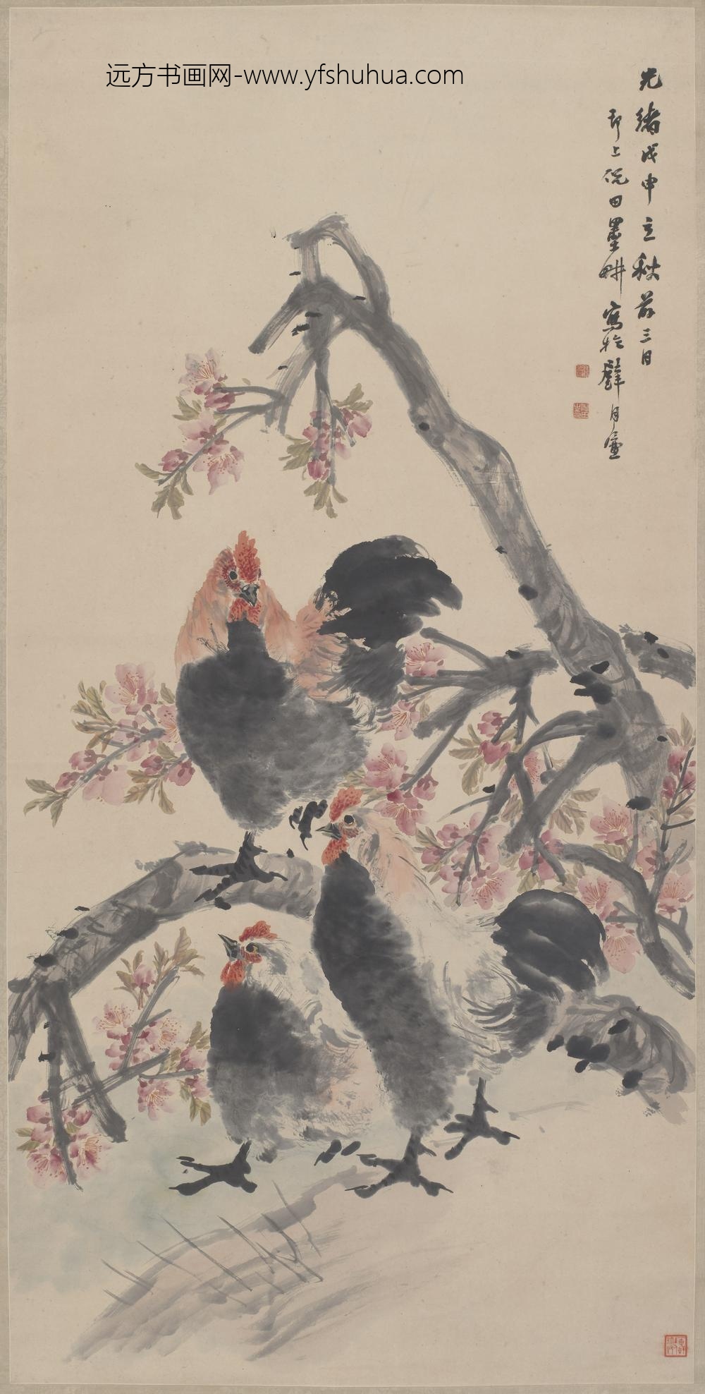 倪田_桃花家禽轴