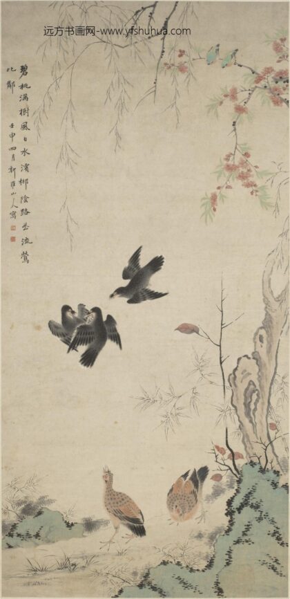 华喦（华岩 碧桃流莺图轴.jpg