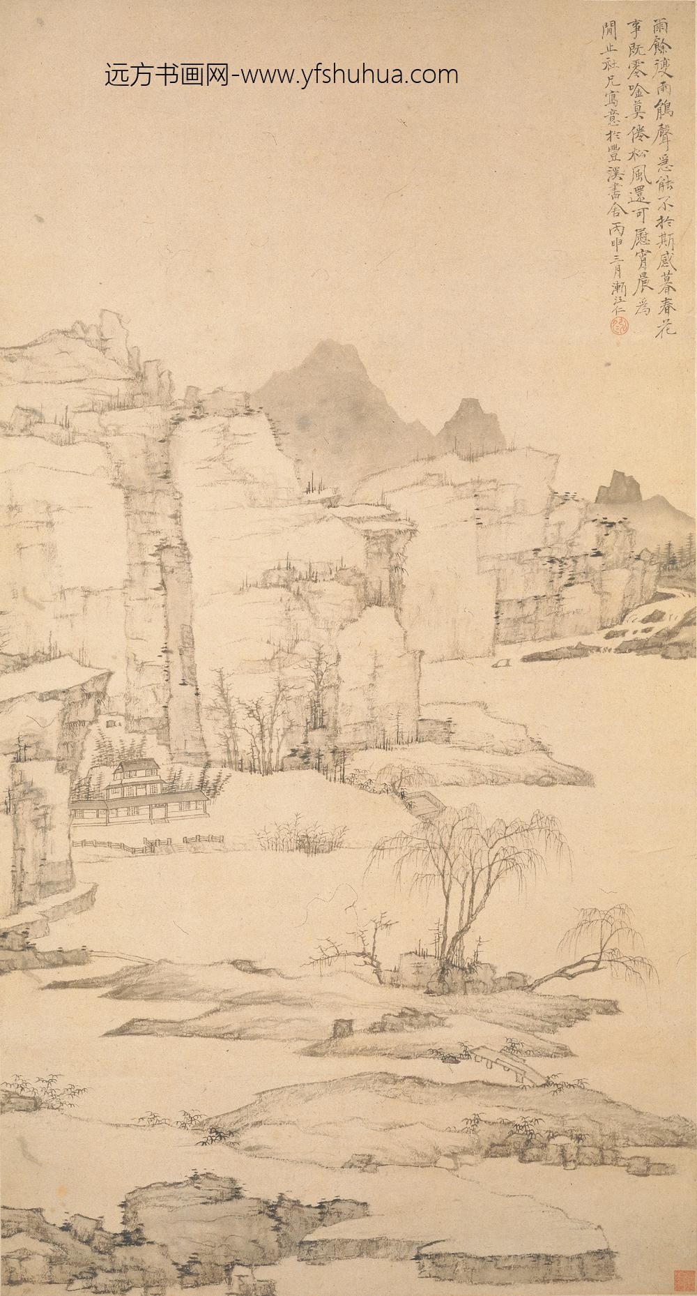 弘仁_雨余柳色图轴