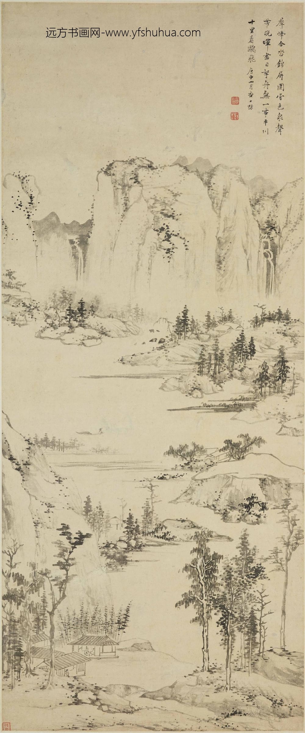 查士标_平川拏舟图轴