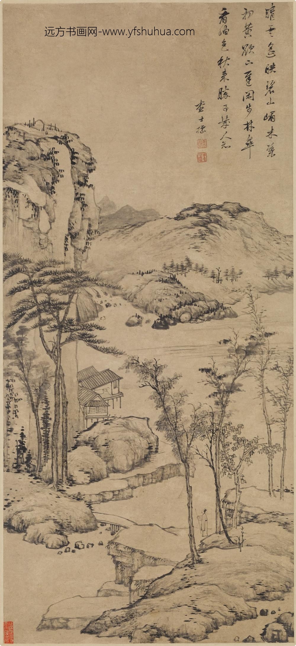 查士标_秋林闲步图轴