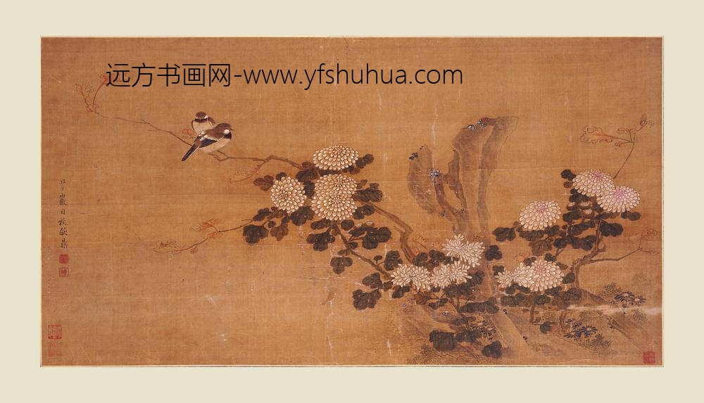 欧鼎_菊石双鸟图横批