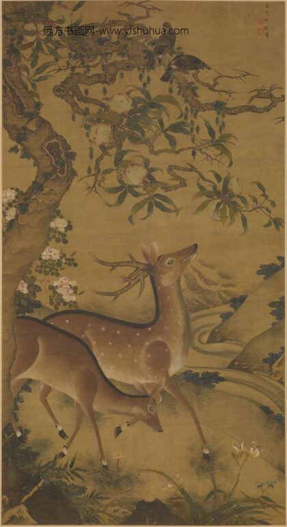 胡湄 桃实双鹿图轴.jpg