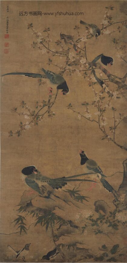 边景昭（文进） 花竹聚禽图轴.jpg