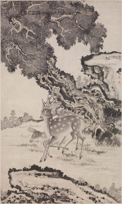 闵贞 柏鹿图轴.jpg