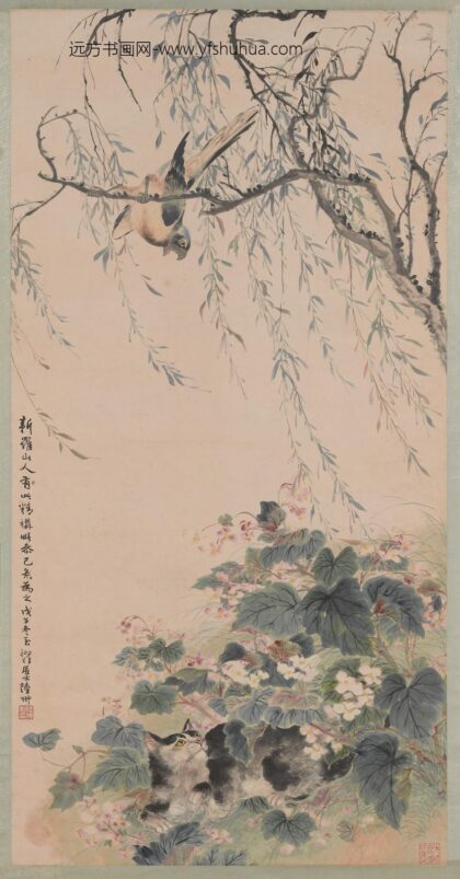 陆抑非 仿华嵒柳鹊花鸟图轴.jpg