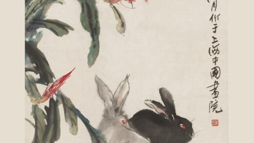 陈秋草 双兔花卉轴.jpg