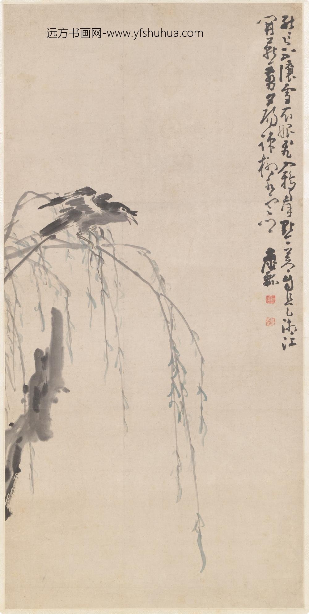 黄慎_疏柳鸣禽图轴