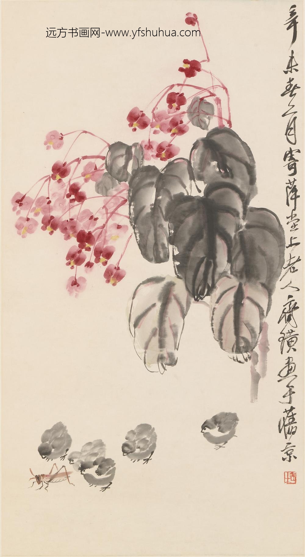 齐白石_海棠雏鸡图轴