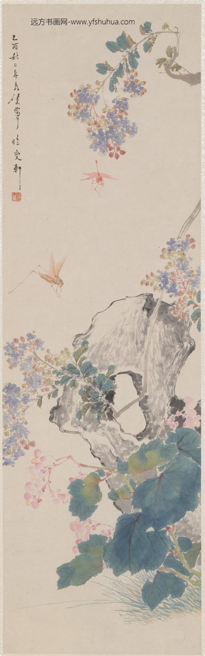 任薰_海棠草虫图轴