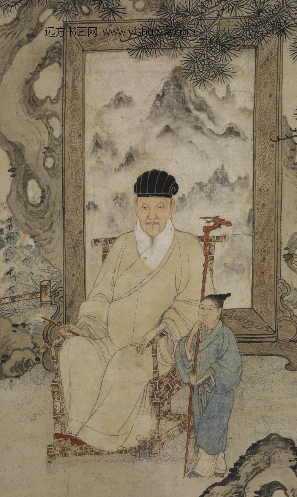 叶时芳_陆树声雪山二人小像图轴_