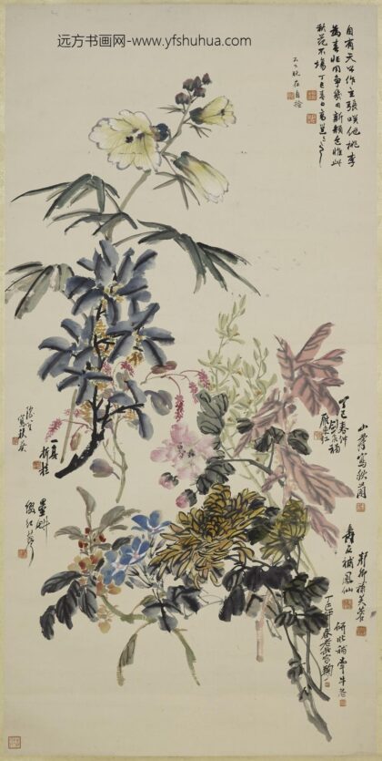 吴昌硕 高邕等合作九秋集景轴.jpg