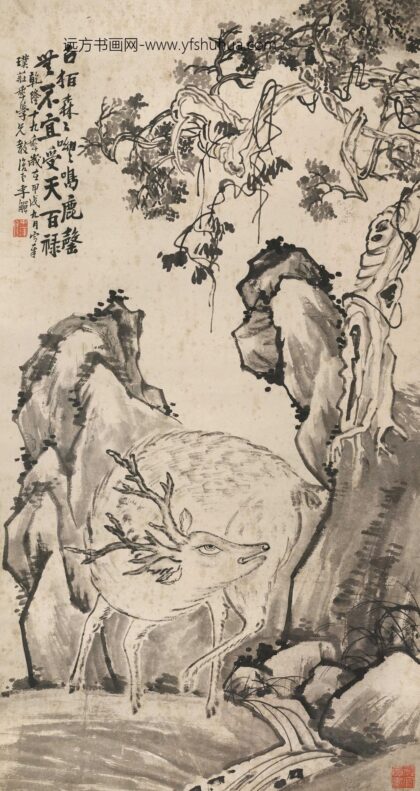 图片 李鱓《古柏鸣鹿图》轴 纸本水墨 纵 142cm 横 76cm 1.jpg