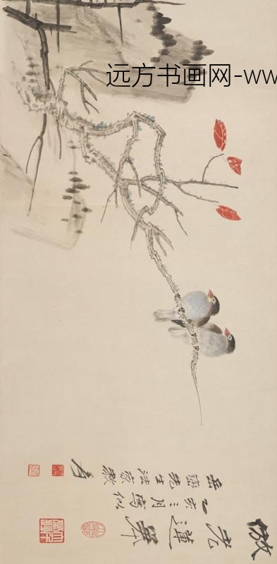 张大千_仿陈洪绶红叶双栖图卷_