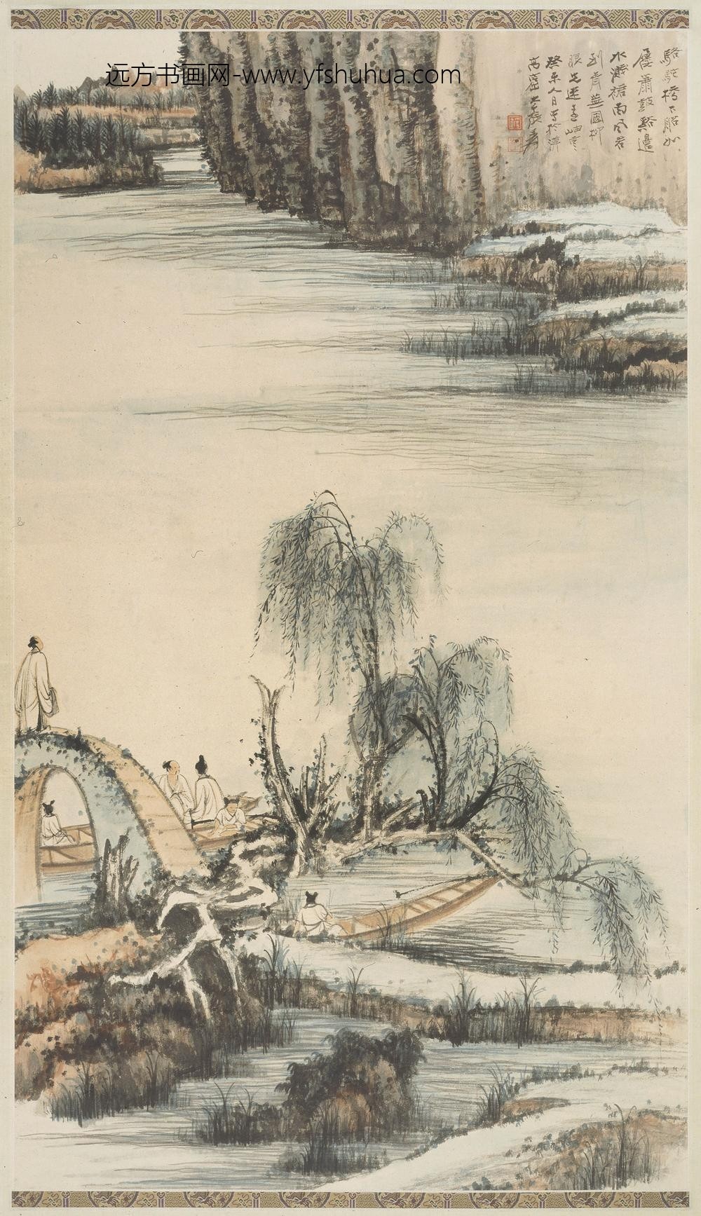 张大千_溪桥行舟图轴