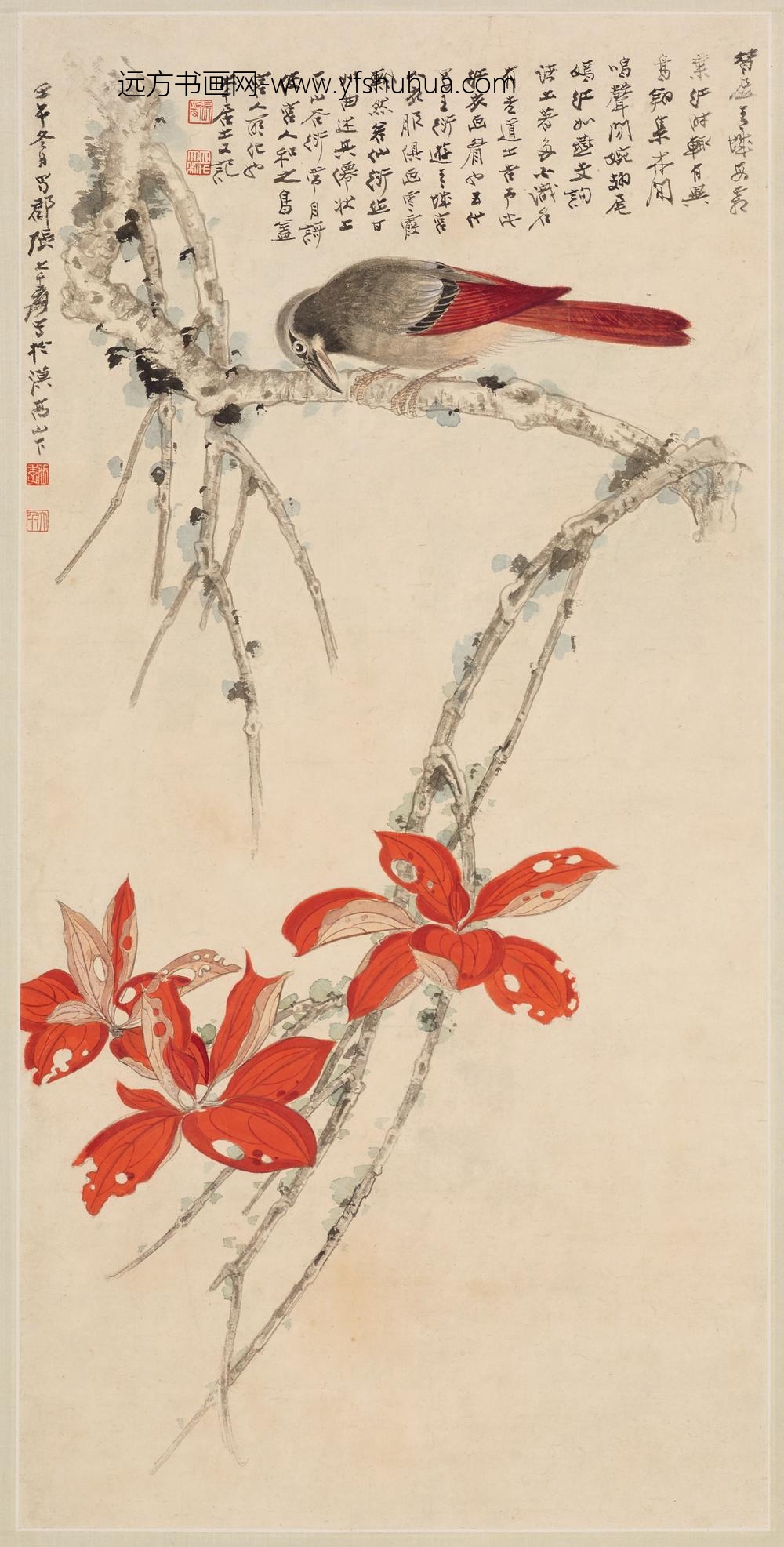 张大千_红衣画眉图轴