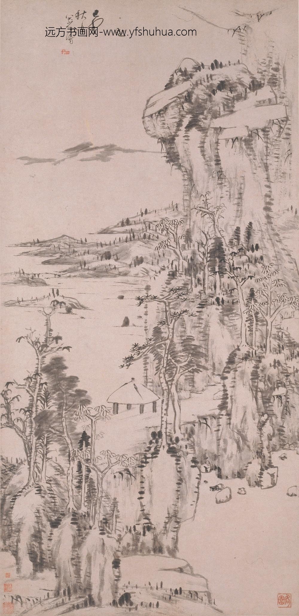 朱耷_秋林亭子图轴