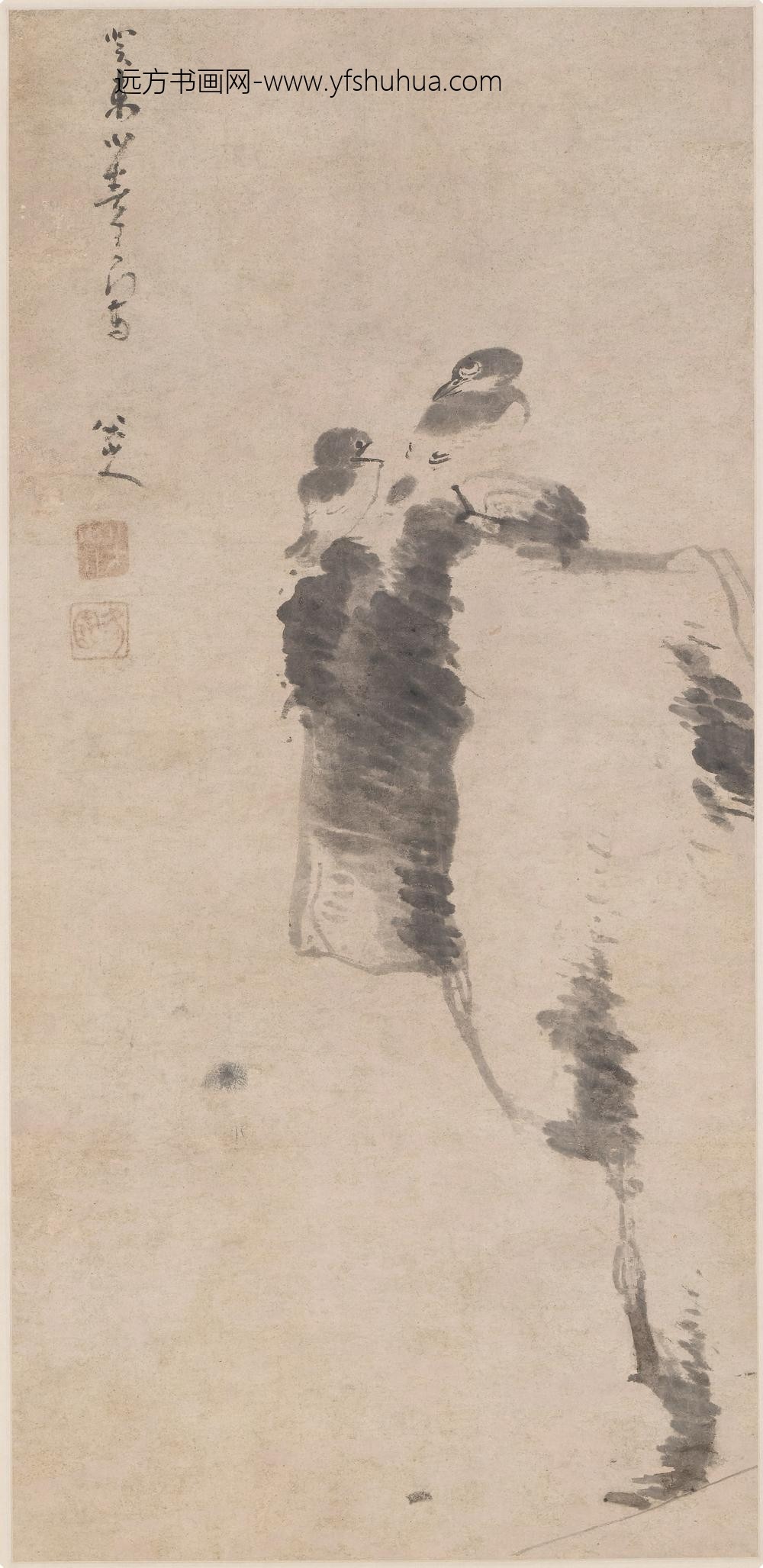 朱耷_踞石双鸟图轴