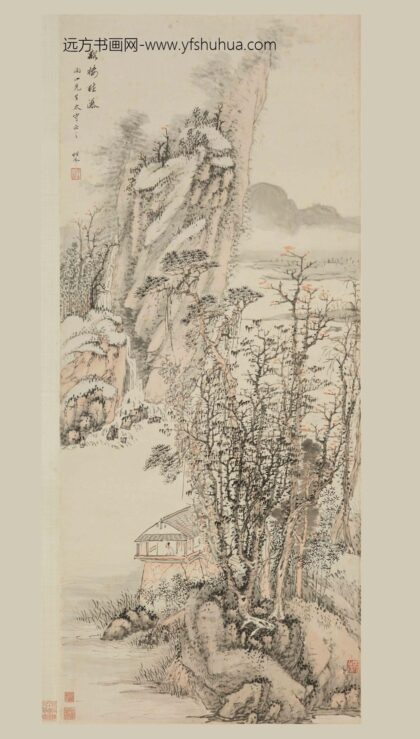 汤贻汾 溪楼听瀑图轴.jpg