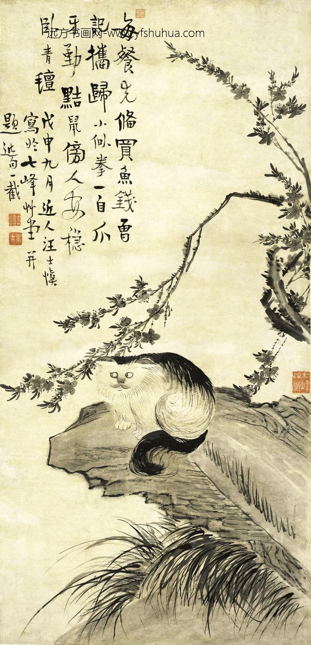 汪士慎_猫石桃花图轴