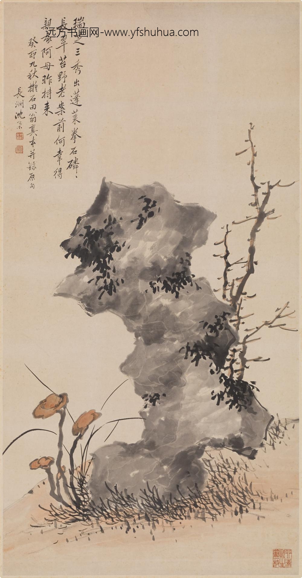 沈荣_枯木芝石图轴