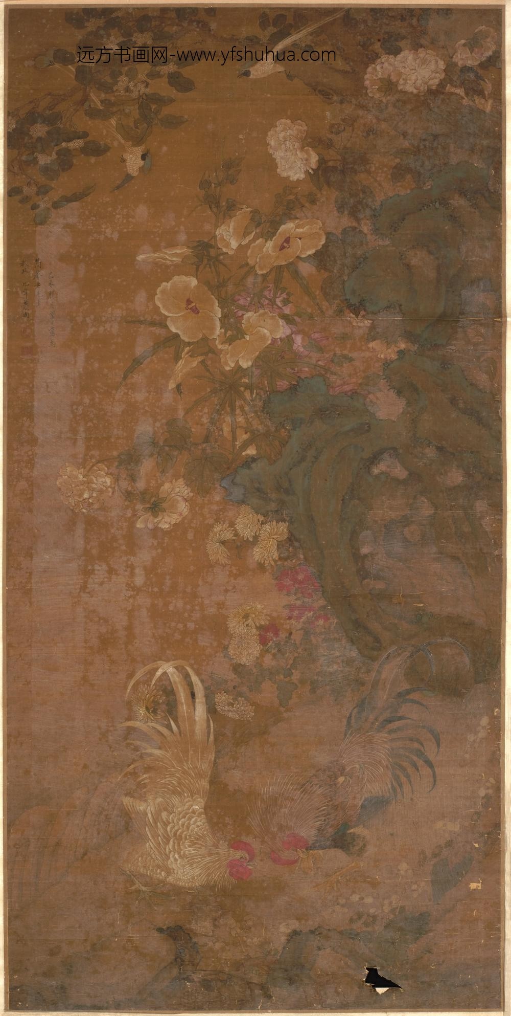 萧湘_繁花斗鸡图横披