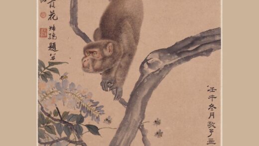 赵叔孺 赵敬予紫藤蜂猿图轴.jpg