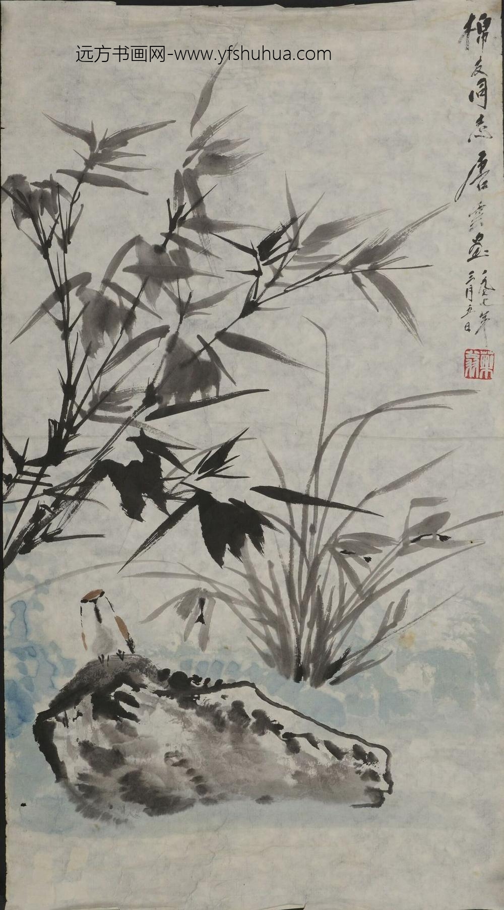 唐云_设色兰竹麻雀直幅