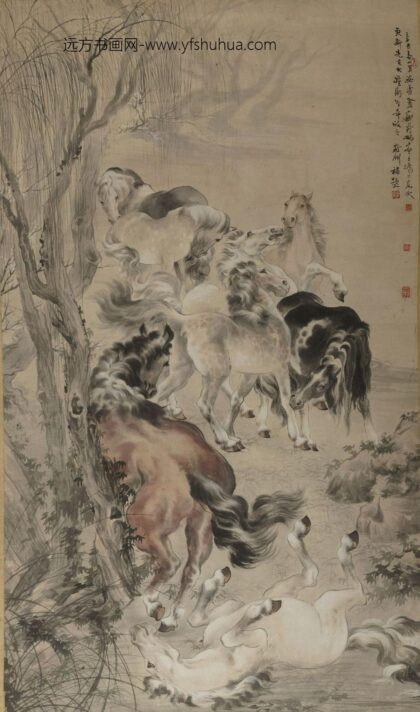 蔡鹤洲 设色群马轴.jpg