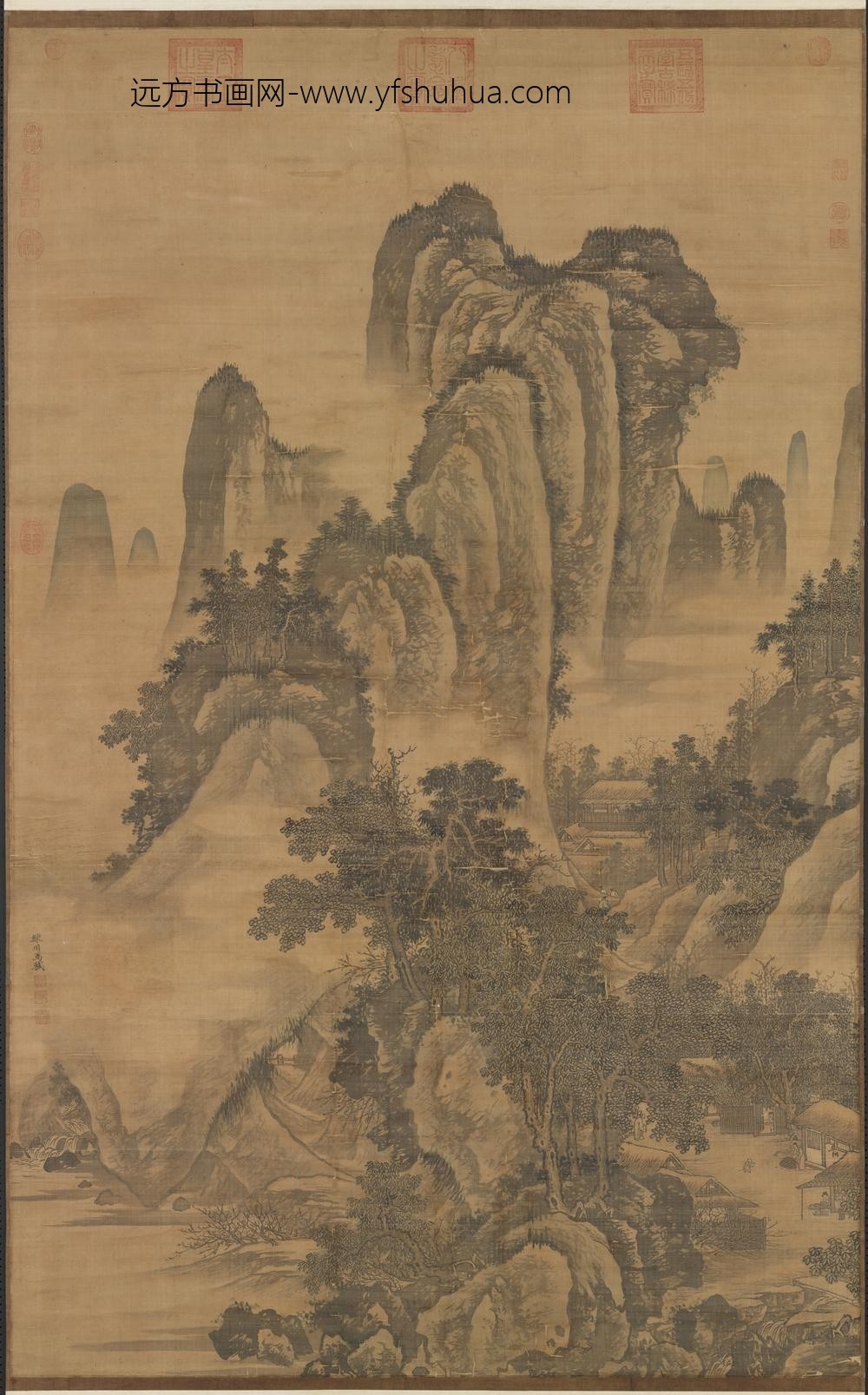 明马轼春坞村居图轴