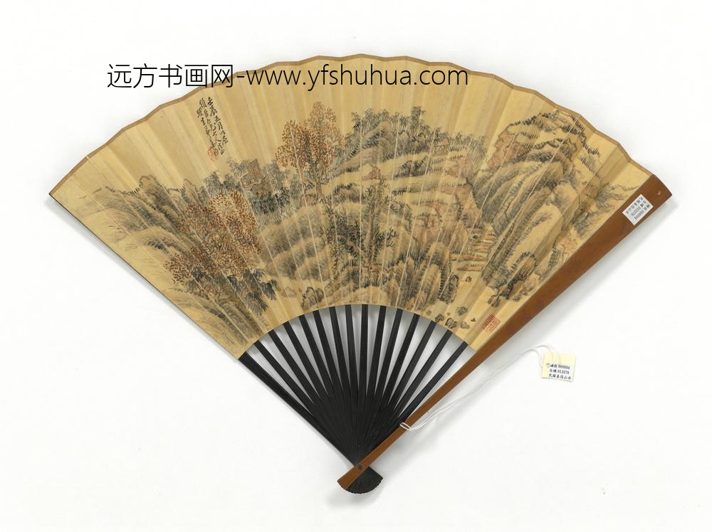 民国姜筠山水曹鸿勋楷书观画题识成扇-