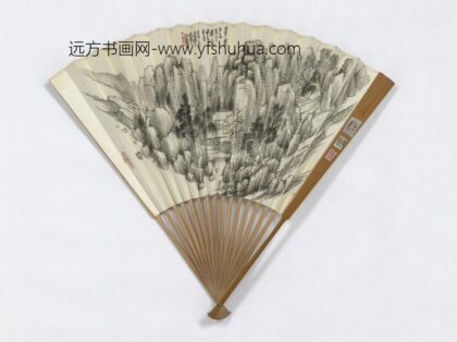 民国李云篆书临殷墟文吴衡山水成扇 1.jpg