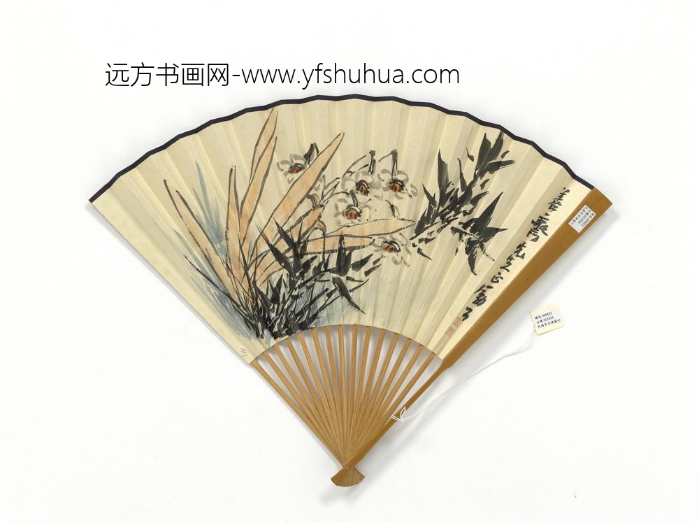 民国李苦禅水仙图张海若书融结为河岳赋成扇-