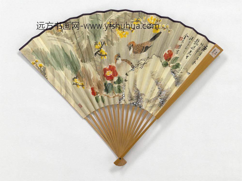 民国金琴鹤花卉吴松行书成扇-