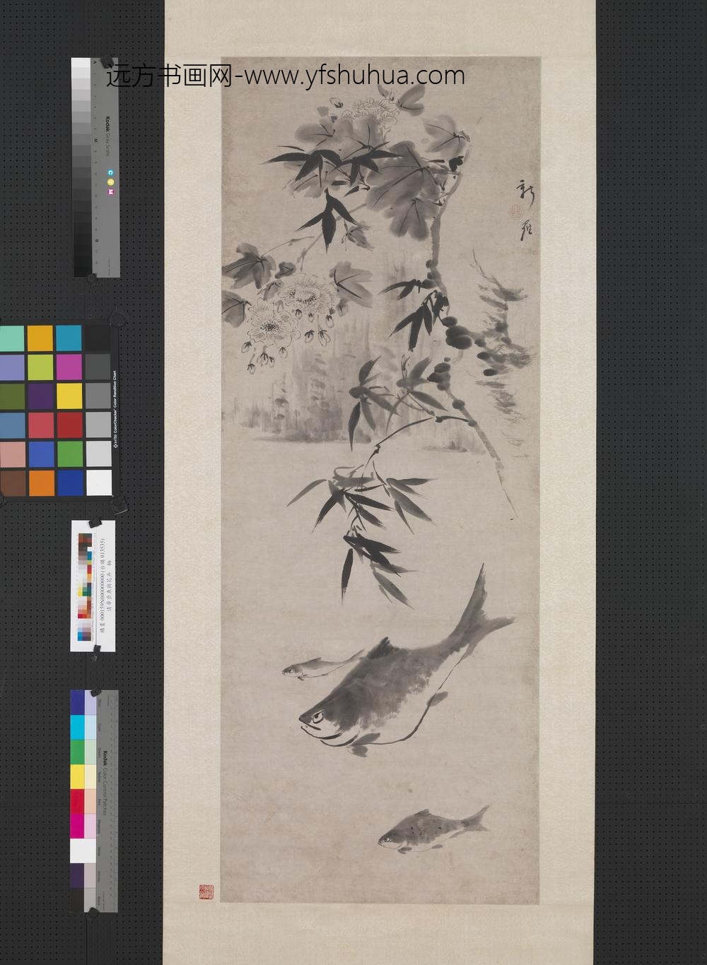 清华嵒鱼与花卉轴