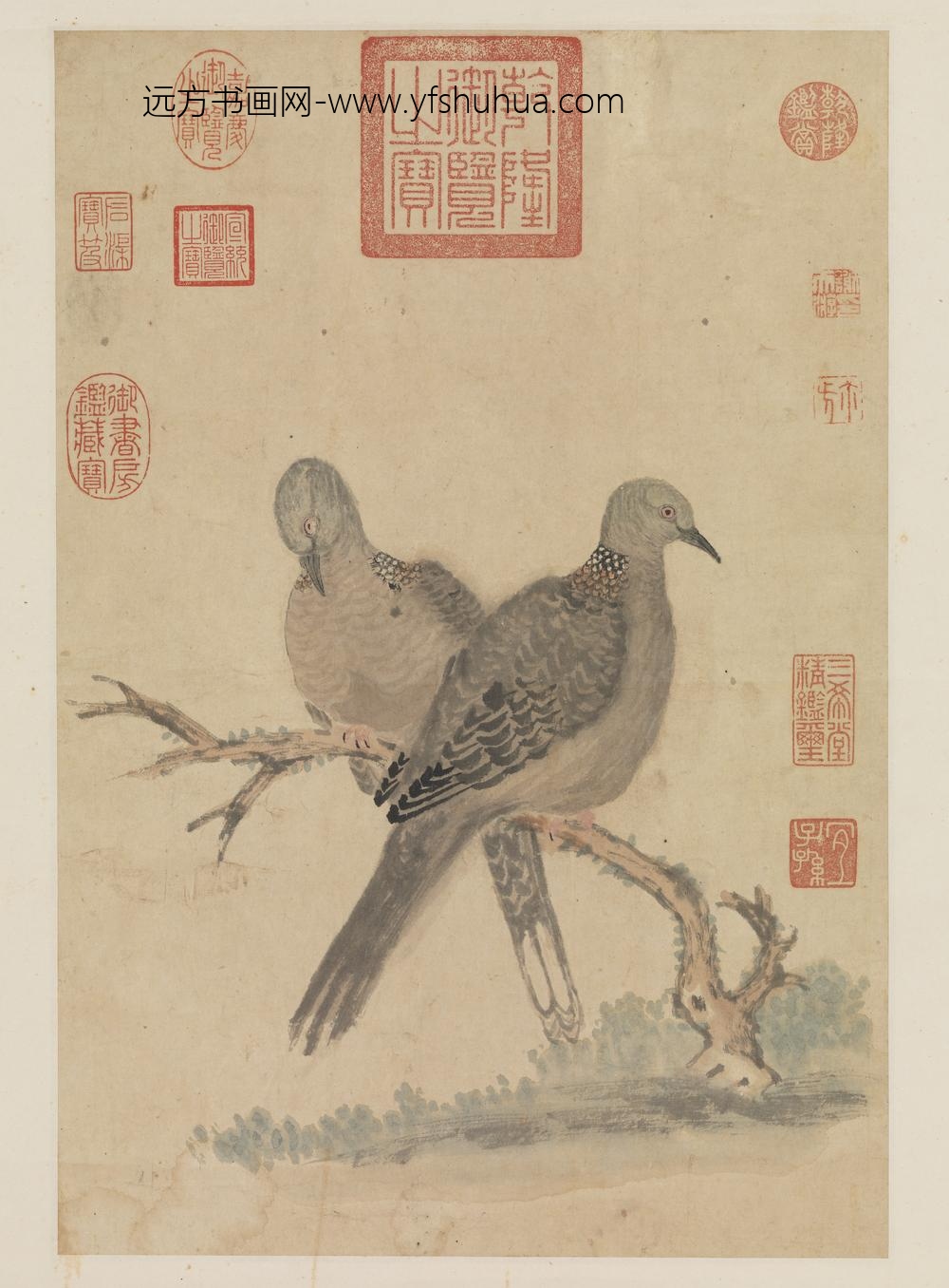 元谢天游古木双鸠轴-