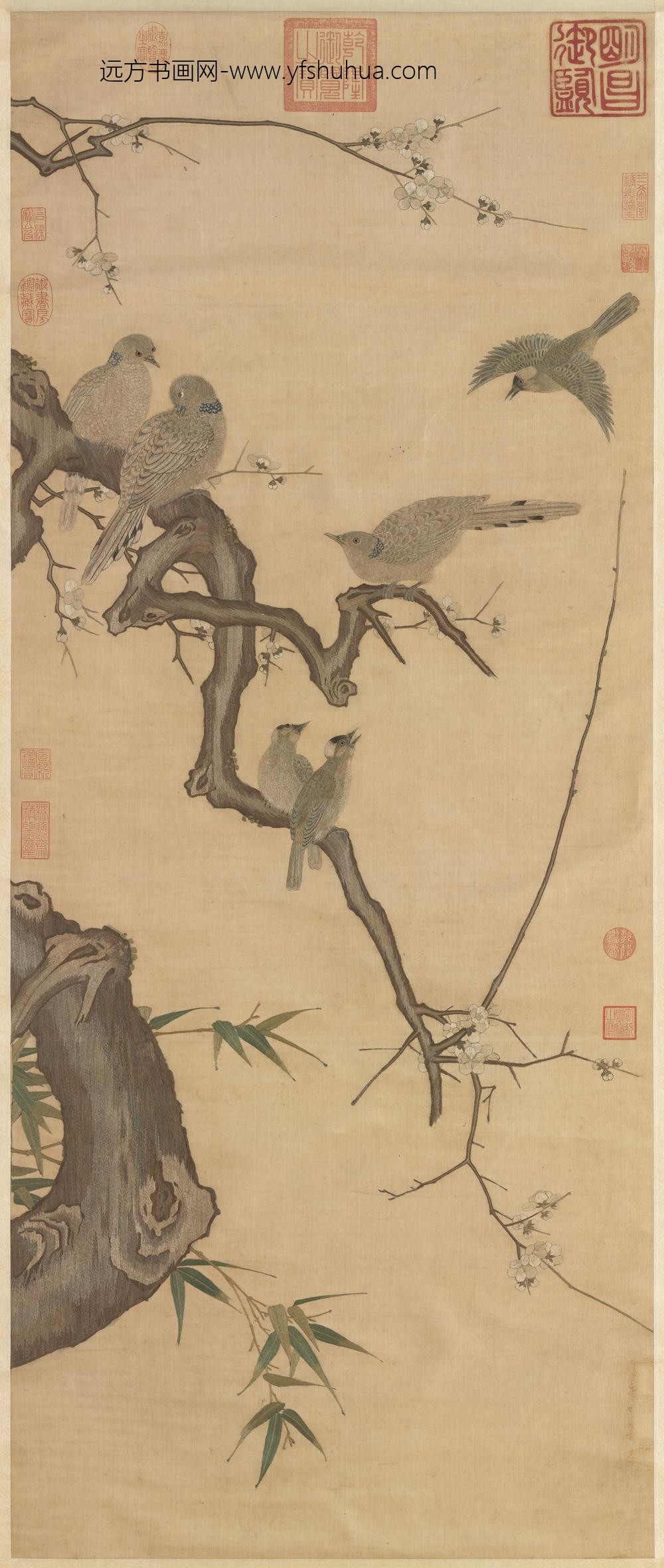 宋绣梅竹山禽图轴