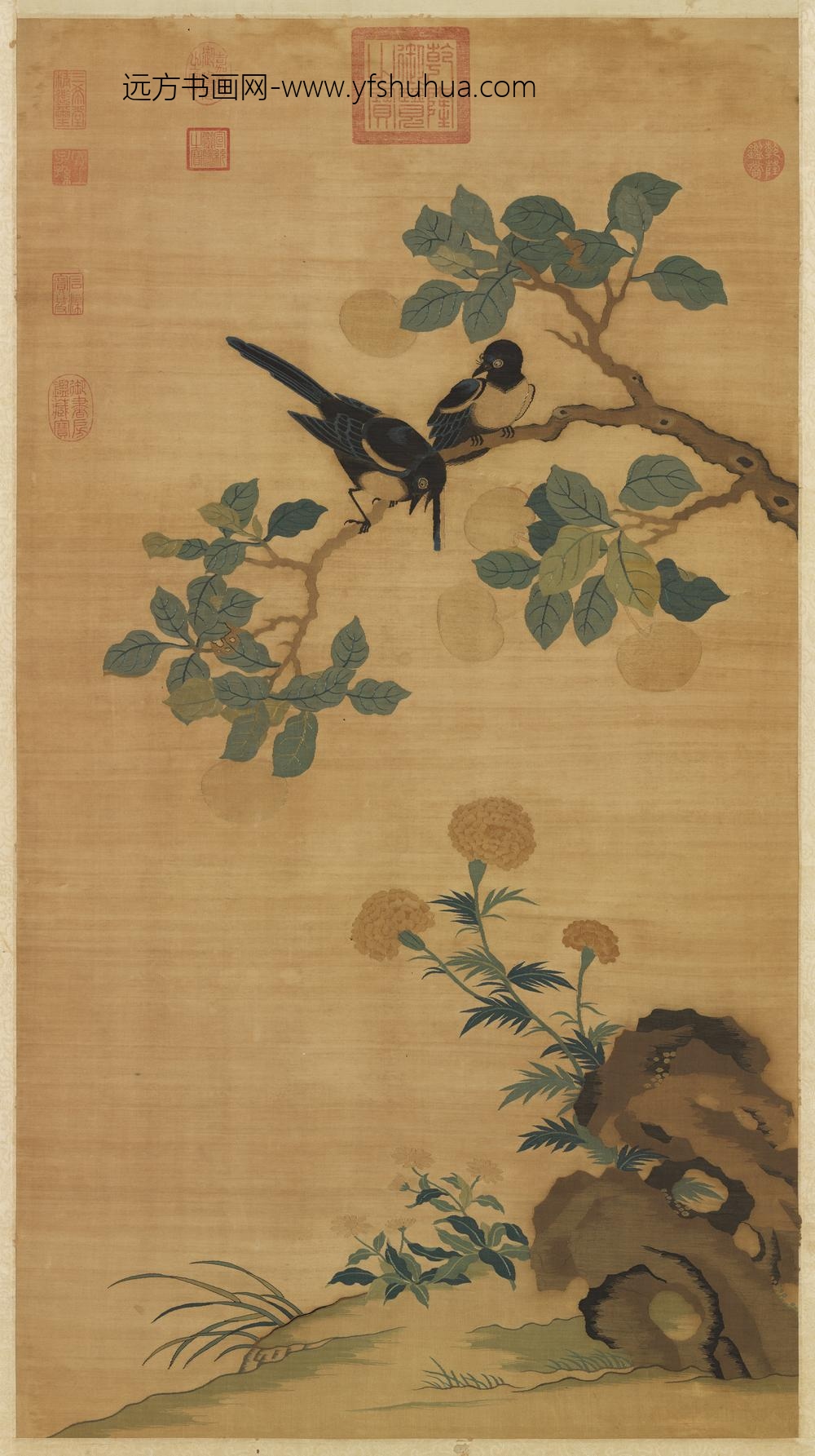 宋缂丝乔枝双鹊图轴