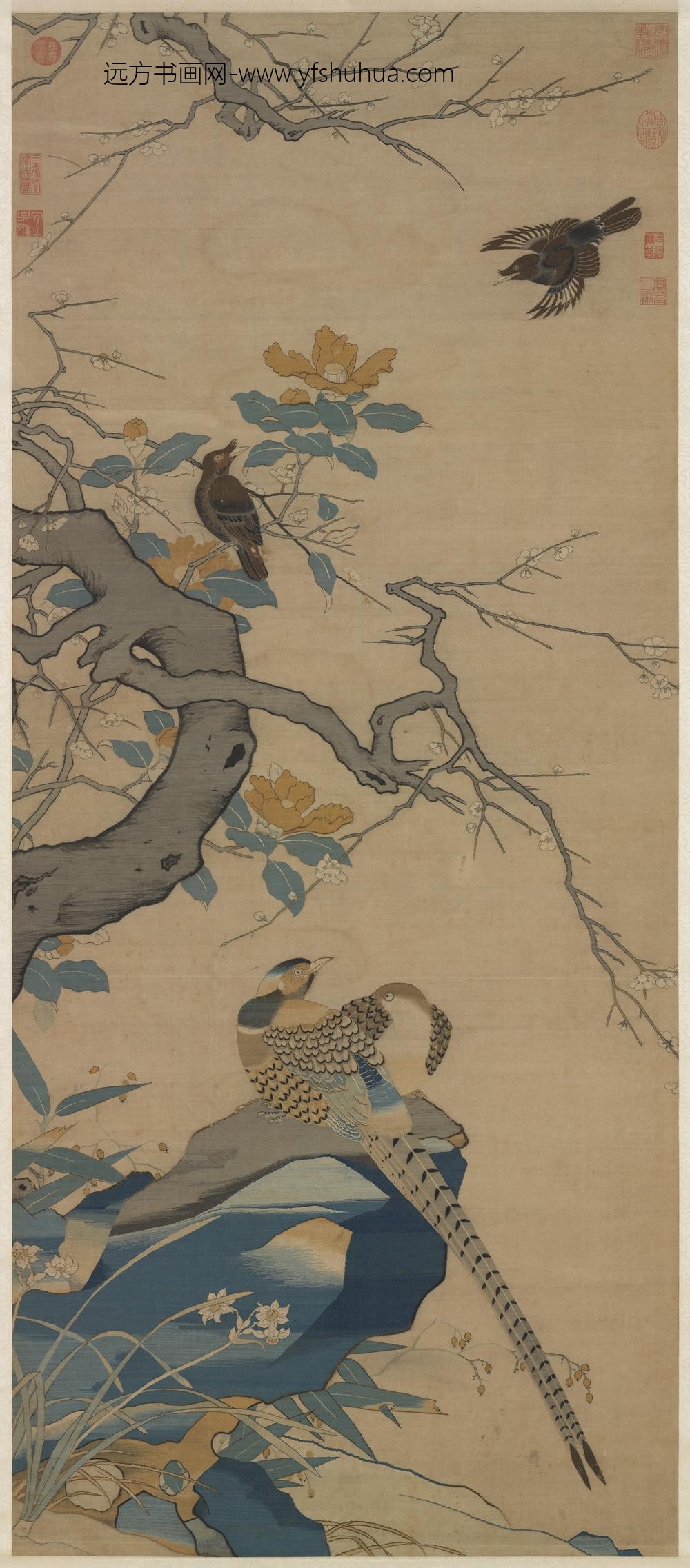 宋缂丝岁朝花鸟轴