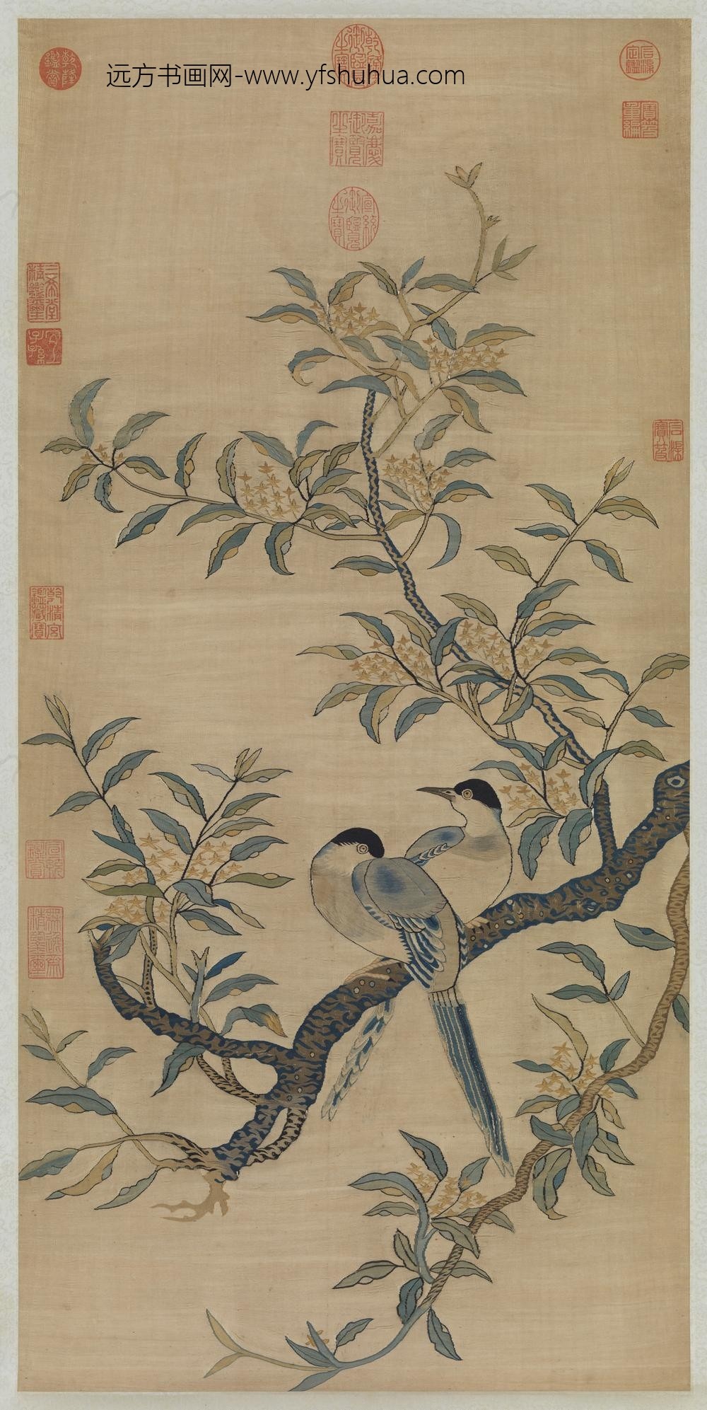 宋缂丝桂枝双喜图轴