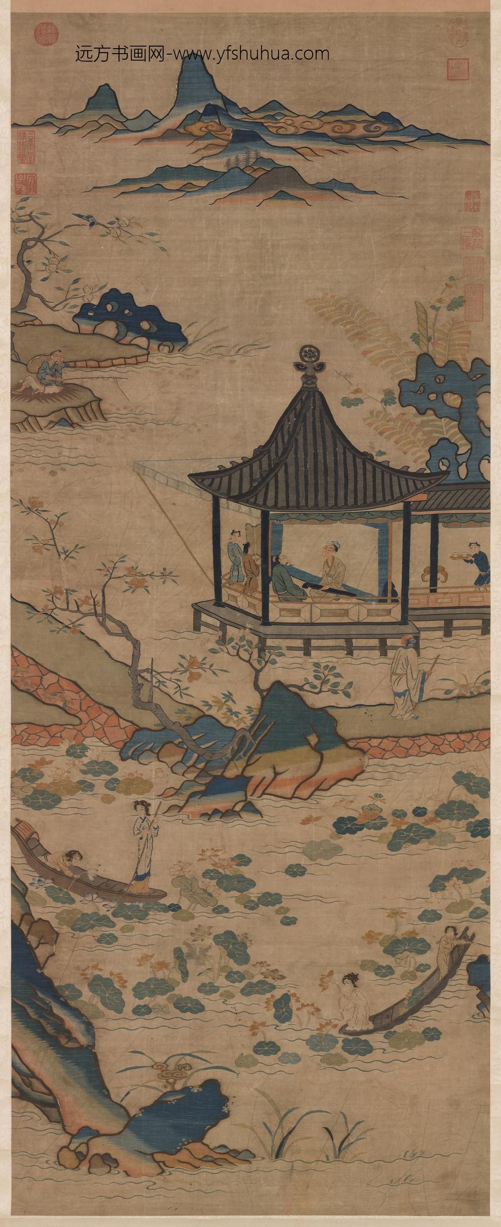 宋缂丝溪亭消夏轴